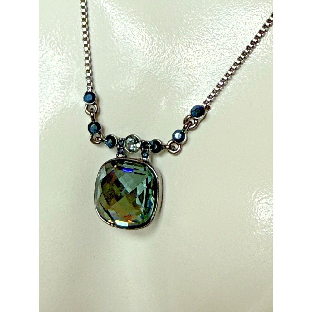 Vintage Givenchy Art Deco Silver‎ Tone Blue Gray Crystal Pendant Necklace Rare